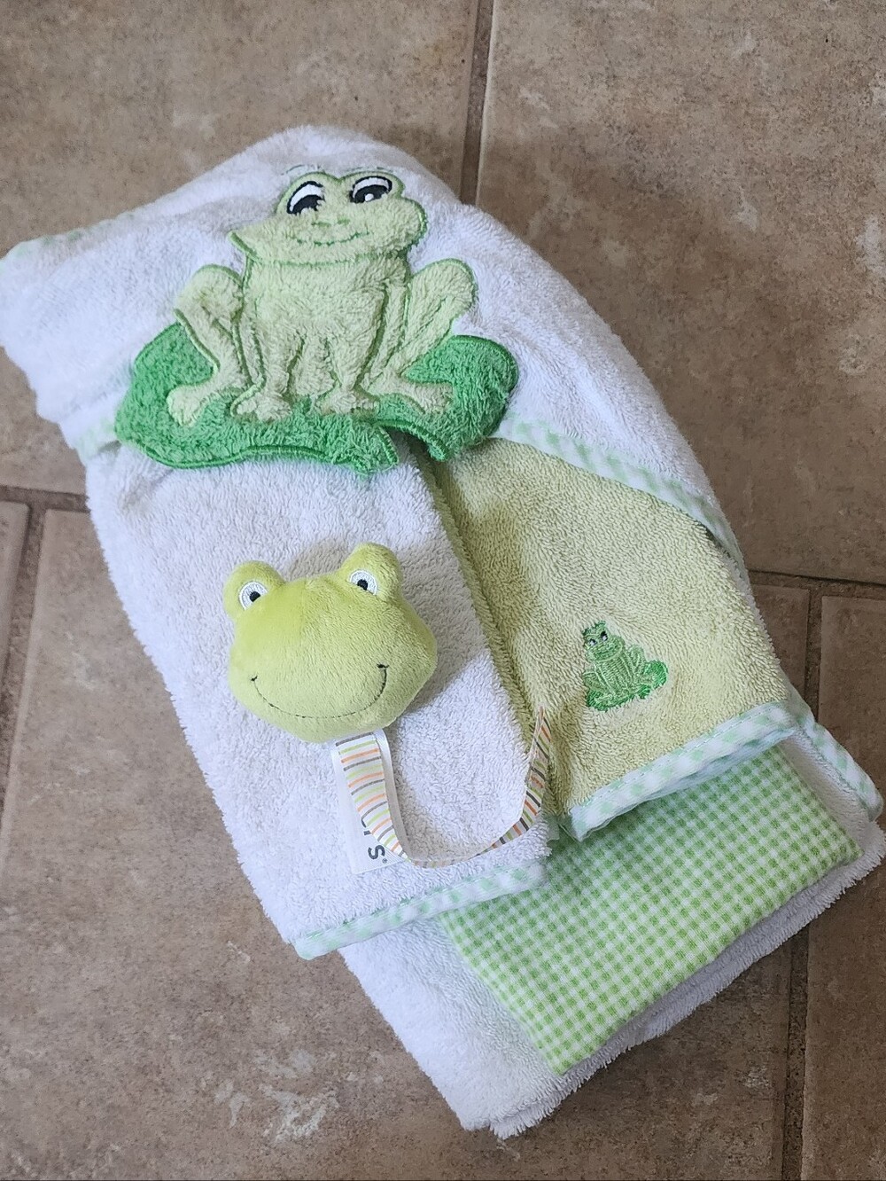 Green Frog Hooded Baby Towel  Matching Cloths Gingham Blanket Frog Pacifier Clip
